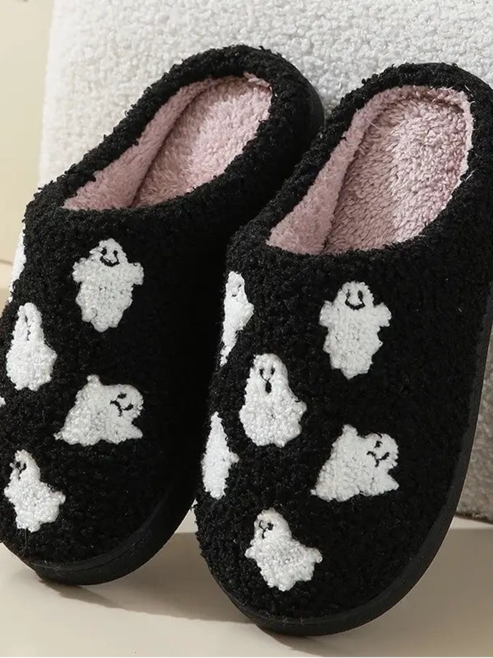 Black Ghost Slip-On Slippers with Pink Lining